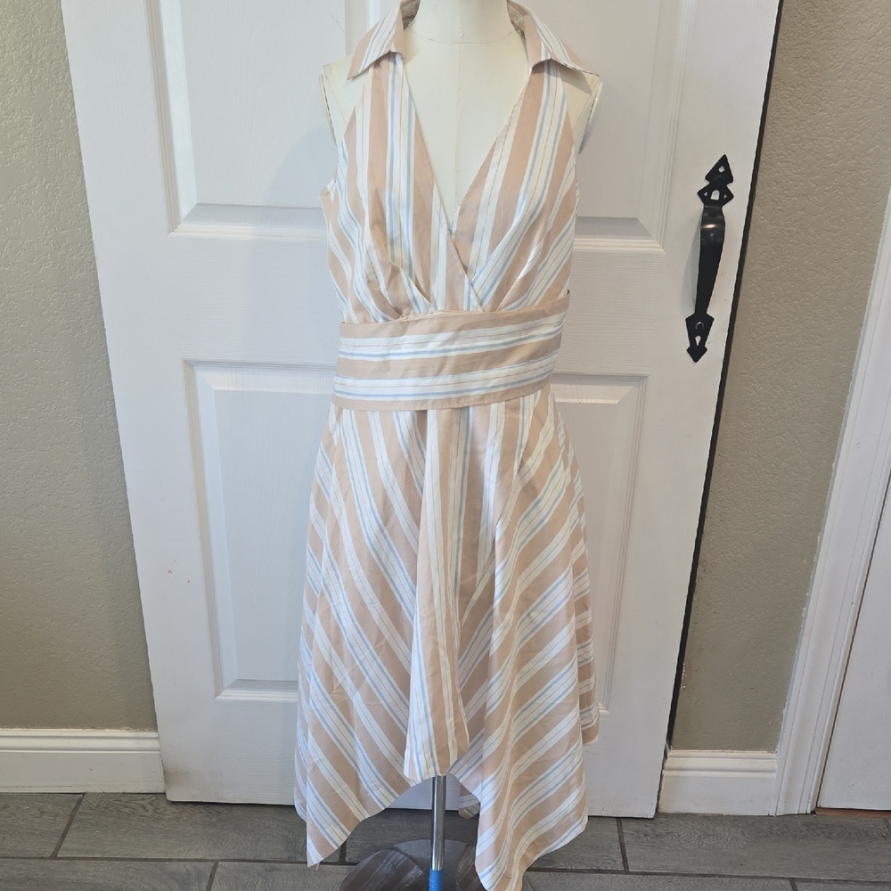 Anthropologie Cream Stripe Surplice Midi‎ Dress – Size 10. AA73